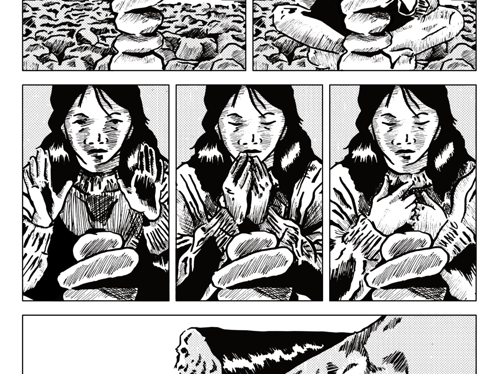Black and white comic strip. Top two panels: Close-up of hands stacking smooth, flat stones. Middle three panels: A sequence showing a young woman with dark hair; first with eyes open and left hand raised, second with hands clasped in prayer and eyes close