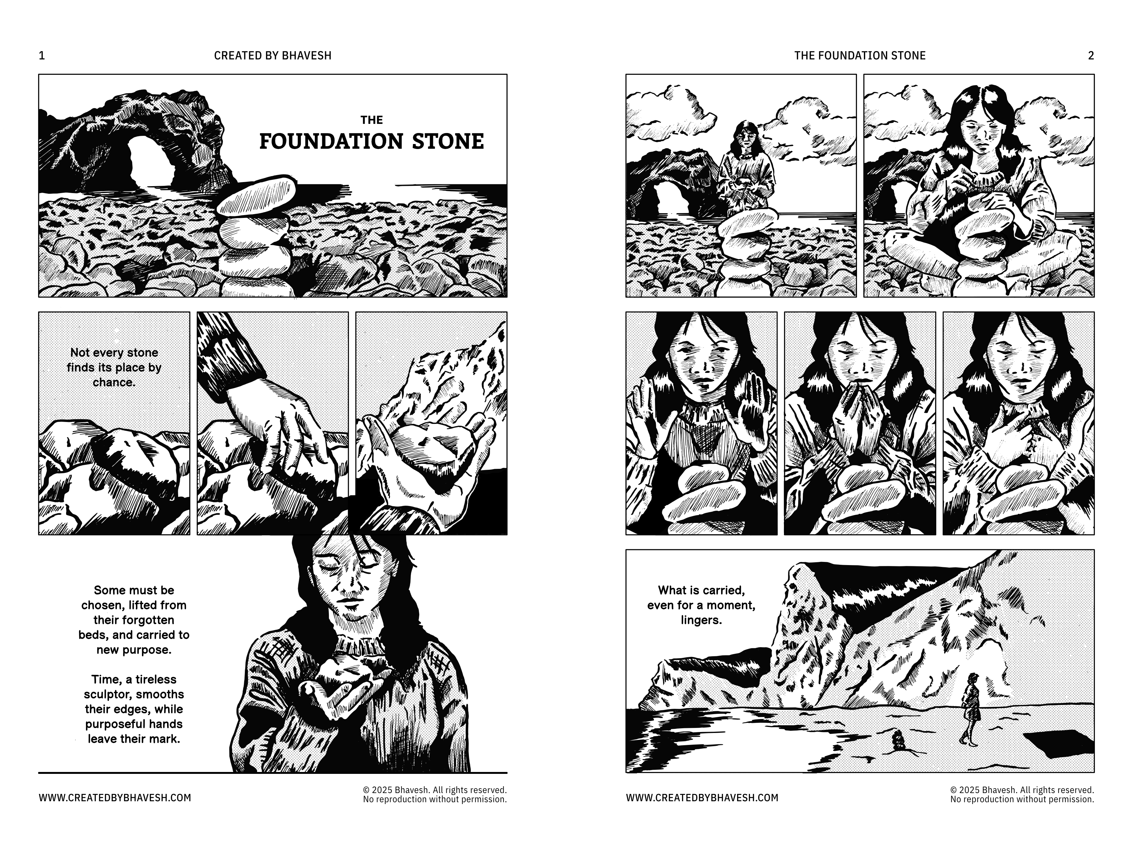 Pages 1 & 2 of "The Foundation Stone" comic. Panel 1: stacked stones on a beach under a rock arch. Panel 2: A woman carefully holds a stone. Panels 3-5: Close-ups of hands selecting and holding a stone. Panel 6: The woman holds the chosen stone. Panel 7: A vast, rocky coastline with a small figure. Text: "Not every stone finds its place by chance.", "Some must be chosen...", "Time, a tireless sculptor...", "What is carried, even for a moment, lingers."