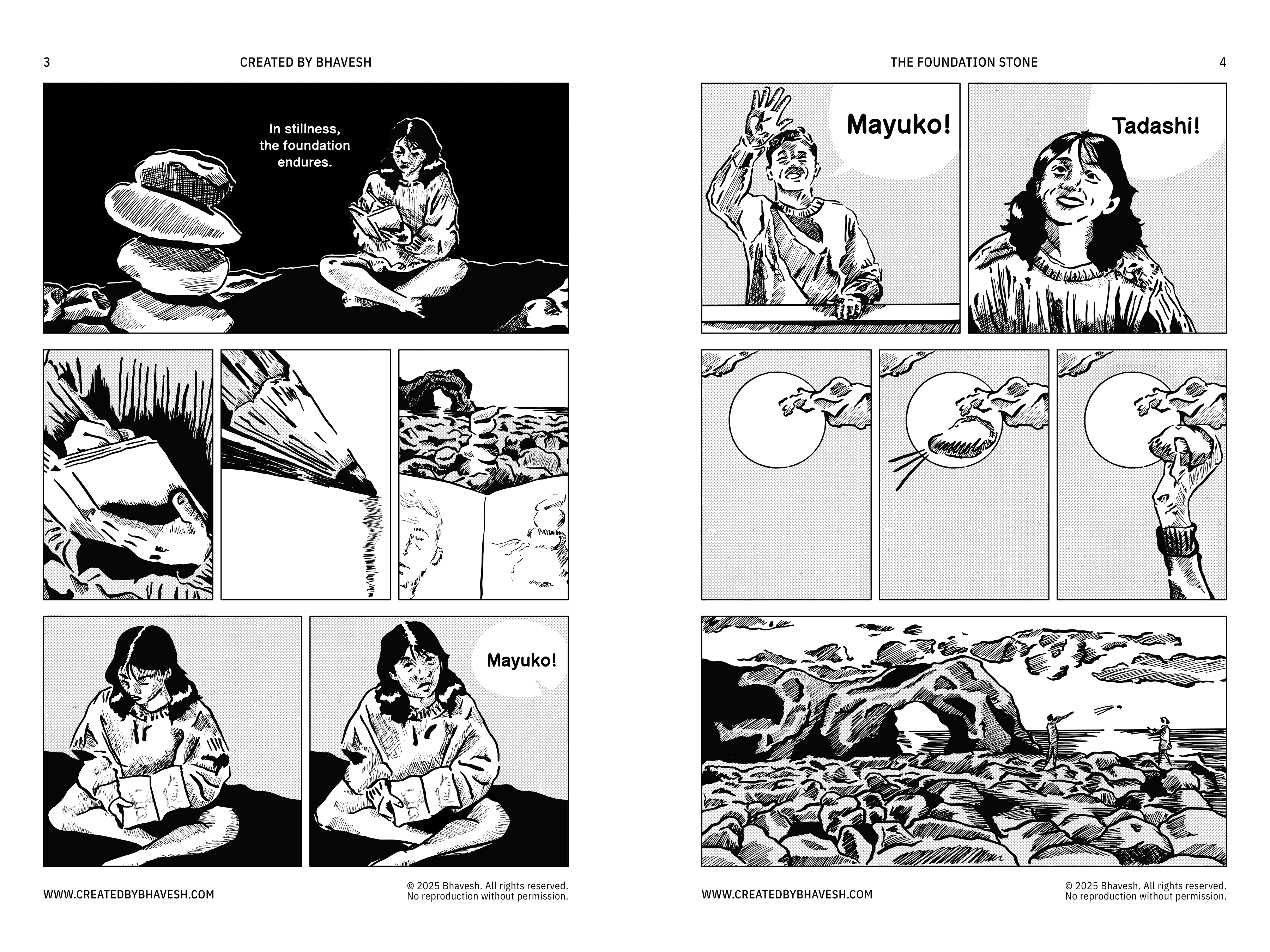 Pages 3 & 4 of "The Foundation Stone". Panel 1: Woman sits cross-legged with stacked stones. Text: "In stillness, the foundation endures." Panel 2: A man waves, saying "Mayuko!". Panel 3: A woman smiles, saying "Tadashi!". Panels 4-6: Hands carefully place a carved stone onto a larger stone. Panel 7: Woman looks down, holding a stone. Panel 8: Woman looks up, saying "Mayuko!". Panel 9: Rocky beach with stacked stones under an arch, two figures in the distance.