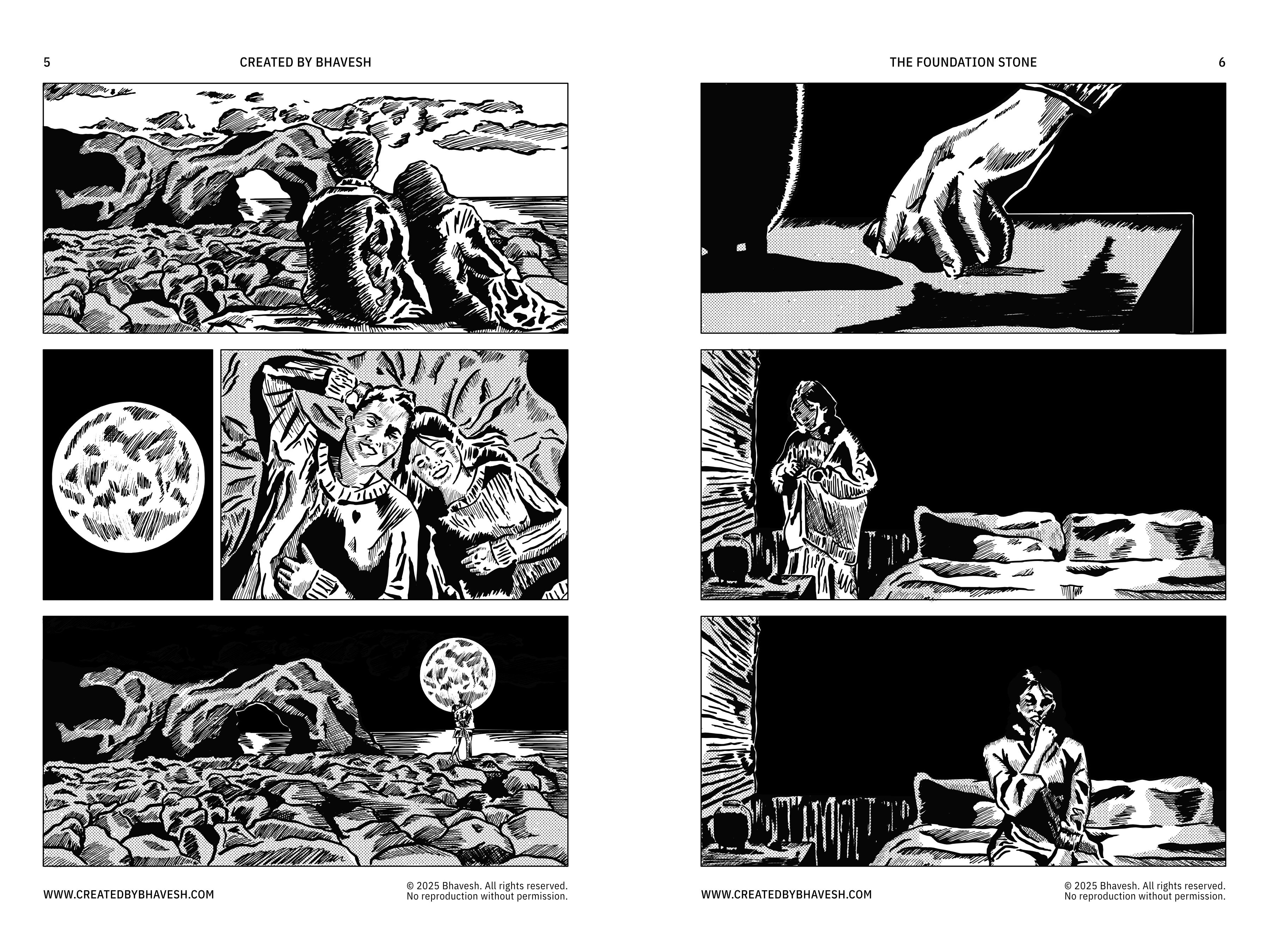 Pages 5 & 6 of "The Foundation Stone". Panel 1: Two figures sit on a rocky beach under an arch. Panel 2: A hand places a patterned stone. Panel 3: Close-up of the patterned stone. Panel 4: Mayuko and Tadashi embrace, smiling. Panel 5: Rocky beach at night, a glowing patterned stone on a stand. Panel 6: Mayuko stands by a bed. Panel 7: Mayuko sits on the bed.