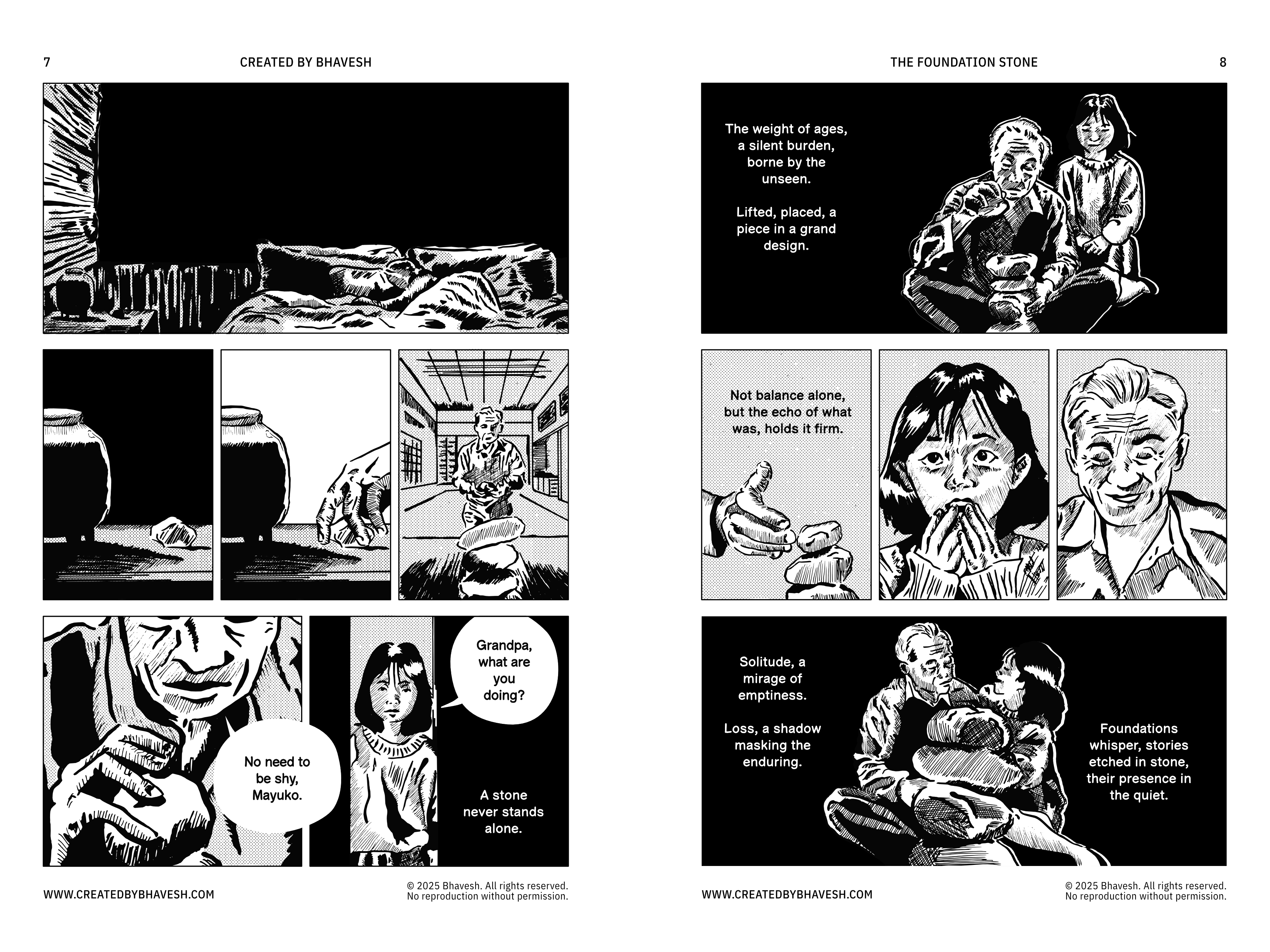 Pages 7 & 8 of "The Foundation Stone". Panel 1: Empty bed. Panel 2: Elderly couple sits together. Text: "The weight of ages...a silent burden...Lifted, placed, a piece in a grand design." Panel 3: Jar and hand touching a stone. Panel 4: Hand balances a small stone on a larger one. Text: "Not balance alone, but the echo of what was, holds it firm." Panel 5: Close-up of an elderly man's hand and a young woman's face. Panel 6: Elderly man carves a stone. Panel 7: Close-up of an elderly man's face. Text: "No need to be shy, Mayuko." Panel 8: Mayuko asks, "Grandpa, what are you doing?". Text: "A stone never stands alone." Panel 9: Elderly man and Mayuko hold a carved stone. Text: "Solitude, a mirage of emptiness. Loss, a shadow masking the enduring. Foundations whisper, stories etched in stone, their presence in the quiet."