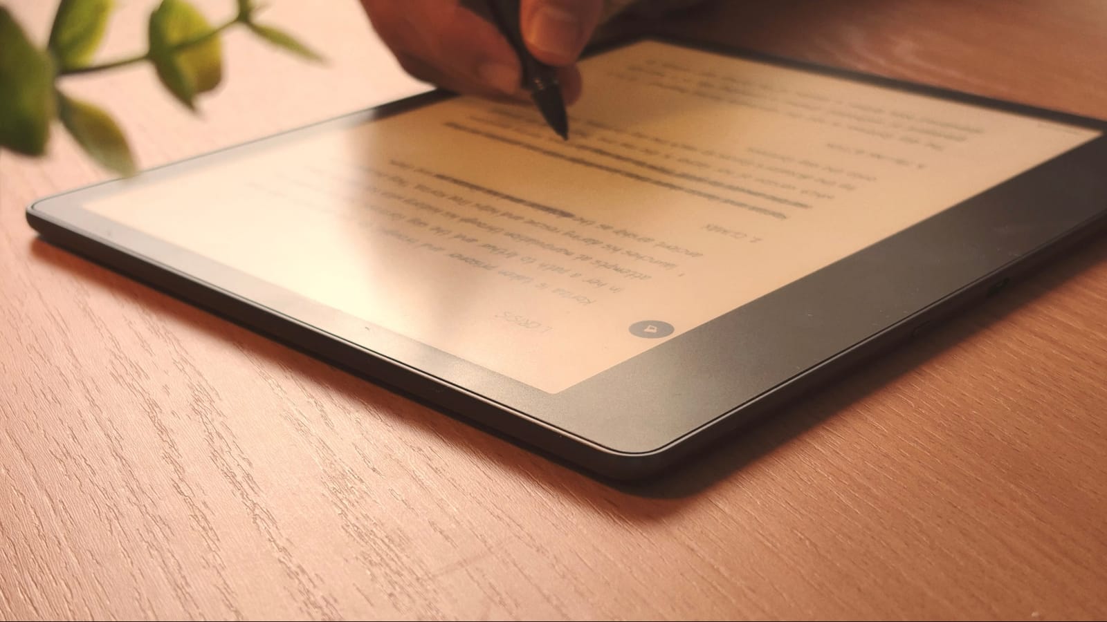 A close-up shot of a hand using a stylus to write on the screen of a Kindle Scribe. The writing style appears to be cursive. The context suggests note-taking, digital art, or form completion.